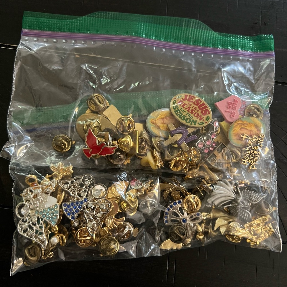 Mystery (mostly religious) vintage Jewelry and Pin grab bag lot